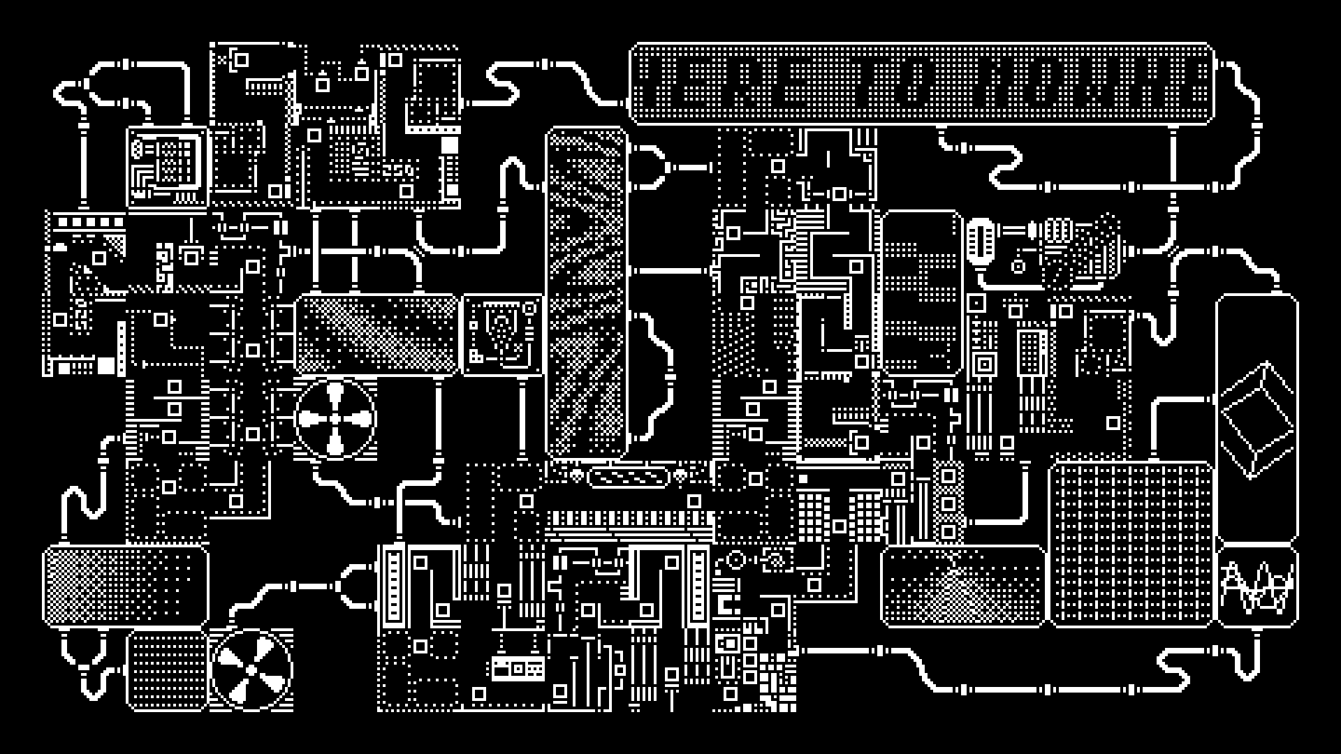 black & white animation of an intricate machine moving boxing around — nullMachines++ series